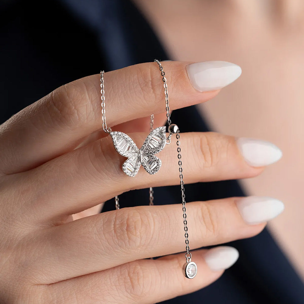 925 sterling silver white stone butterfly necklace