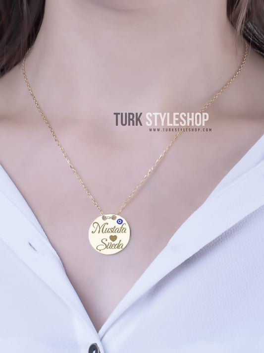 Madalyon Nazarlıklı iKi İsimli Gümüş Kolye