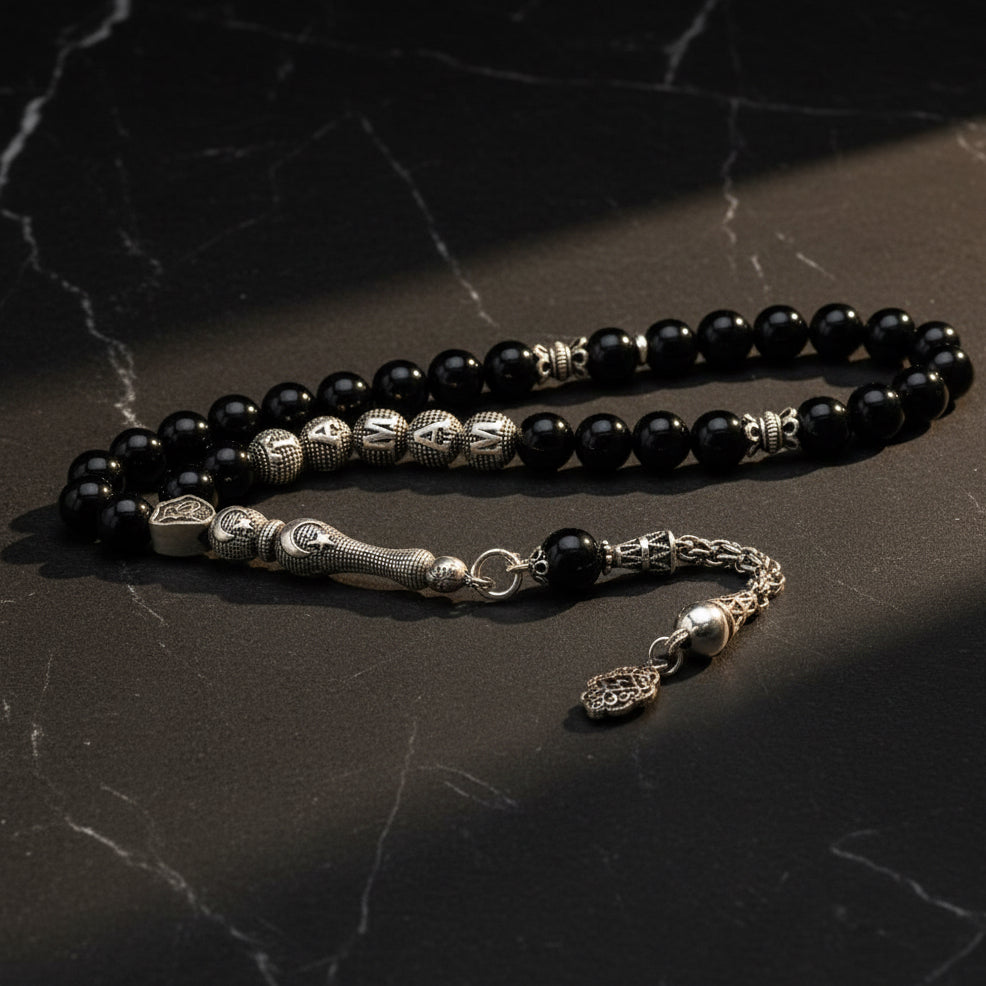 925 Sterling Silver Isimli Onynchnous Natural Stone Moon Yıldız Tesbih
