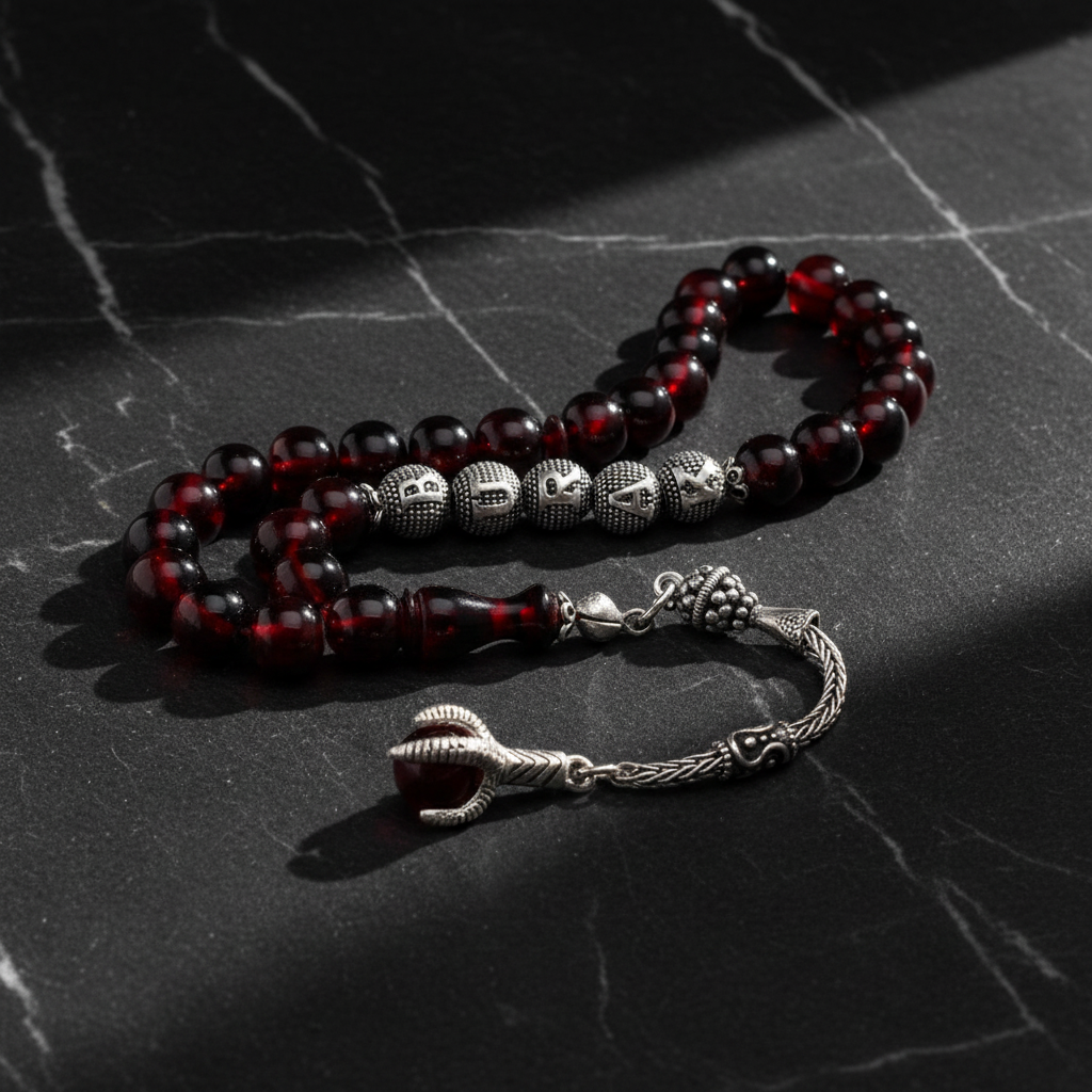 Personalisierte Rote Bernstein-Tasbih mit Gravur und Holzbox
