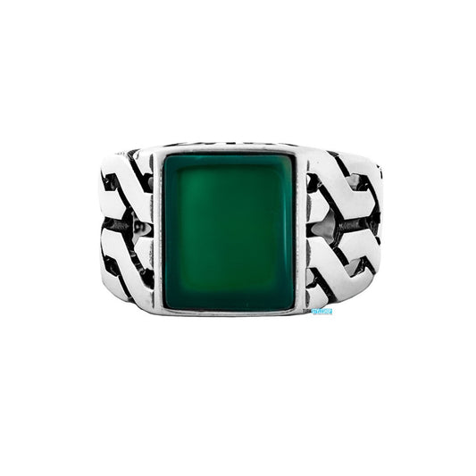Anneau argenté pour hommes en pierre d'agate verte carrée