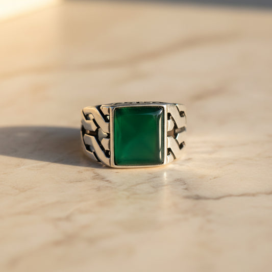 Kare Yeşil Akik Taşlı Erkek Gümüş Yüzük