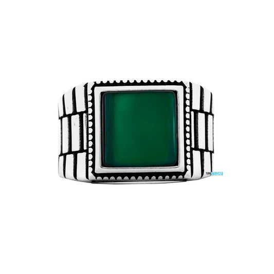 Anneau argenté pour hommes en pierre d'agate verte carrée