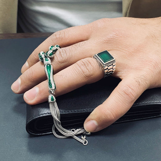 Green Enamel Zircon Stone 925 Rosaire en argent sterling et Agate Swilut Set