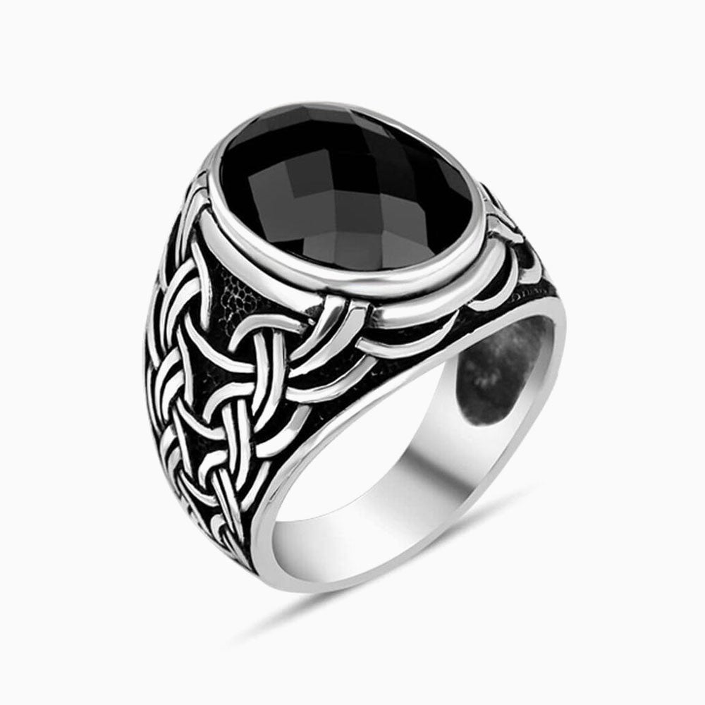 Facet slaughter black zircon stone silver male ring – Turkstyleshop