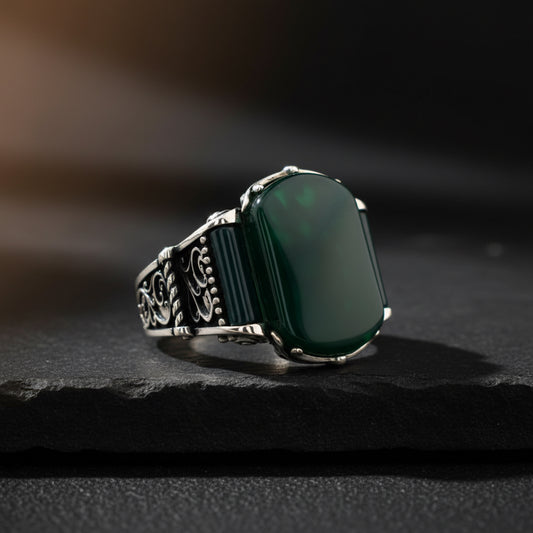 Yeşil Akik Taşlı 925 Ayar Gümüş Erkek Yüzük