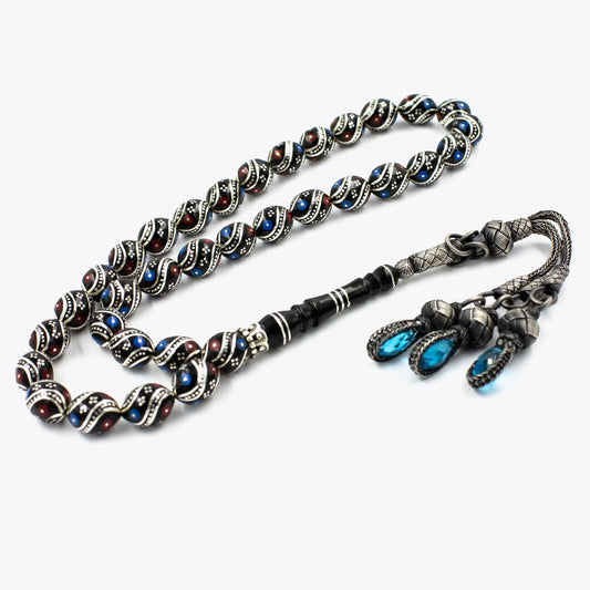 Gümüş Püskül ve İşlemeli Bordo Mavi Erzurum Oltu Tesbih