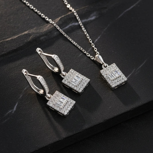 Baguette Glossy - 925 Collier en argent sterling et ensembles de boucles d'oreilles