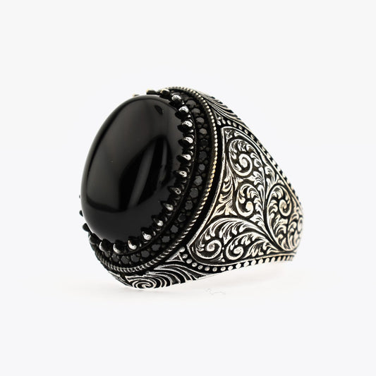 Black Onyx Stone Silver Men's Ring