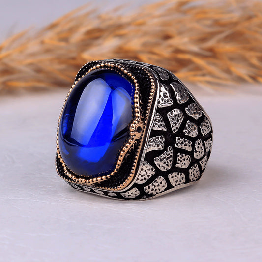Blue Zircon Stone Men's Silver Ring