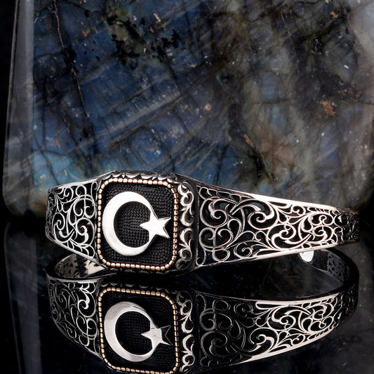 Moon star motif 925 sterling silver male bracelet