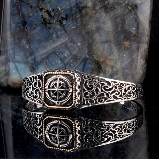 Pusula Motifli 925 Ayar Gümüş Erkek Bileklik