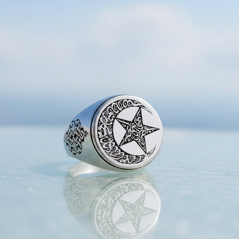 925 Sterling Silver Ayyıldız Model Word-i Tawhid Written Male Ring