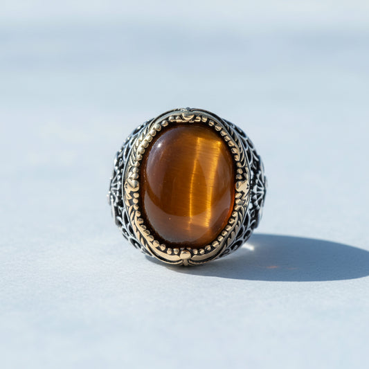 Oval Kaplan Gozu Taşlı Gümüş Yüzük