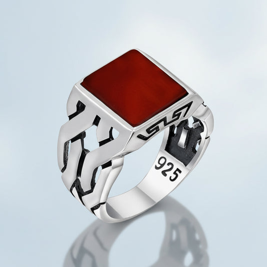 Kare Akik Taşlı Erkek Gümüş Yüzük