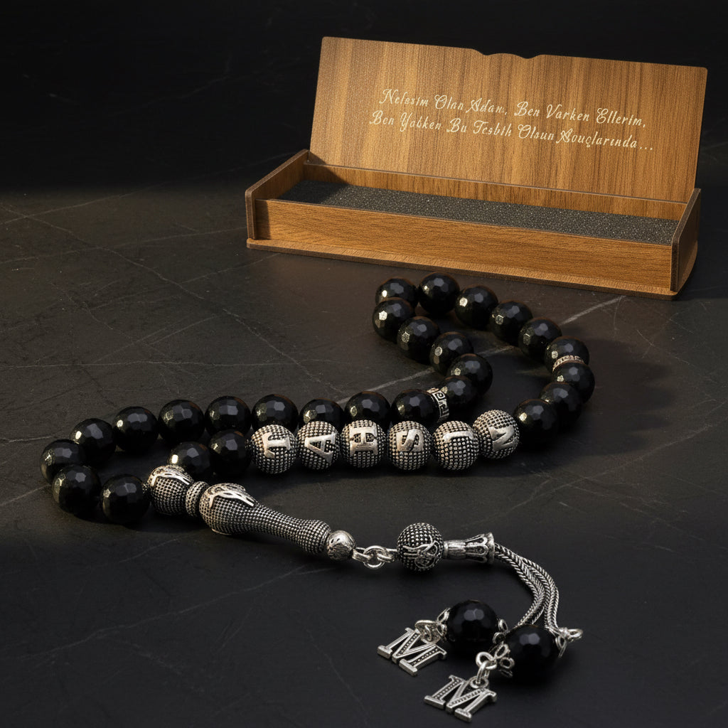 Tuğra 925 Ayar Gümüş Isimli Oniks Tesbih ve Ahsap Kutu