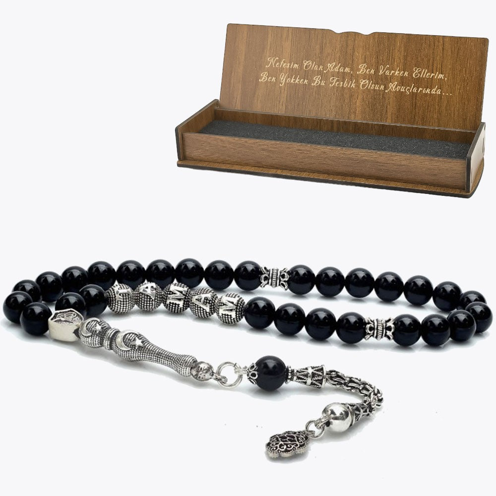 925 Ayar Gümüş Isimli Oniks Doğaltaş Ay Yıldız Tesbih