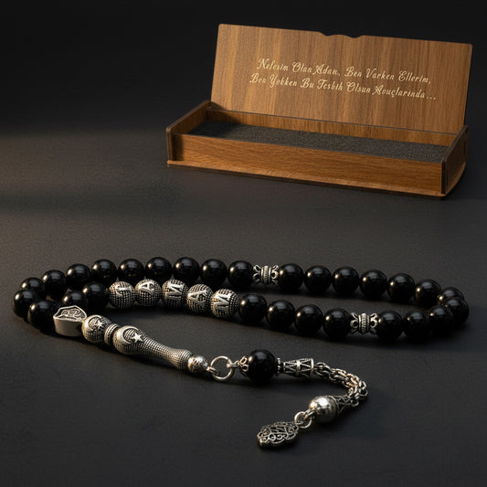 925 Ayar Gümüş Isimli Oniks Doğaltaş Ay Yıldız Tesbih