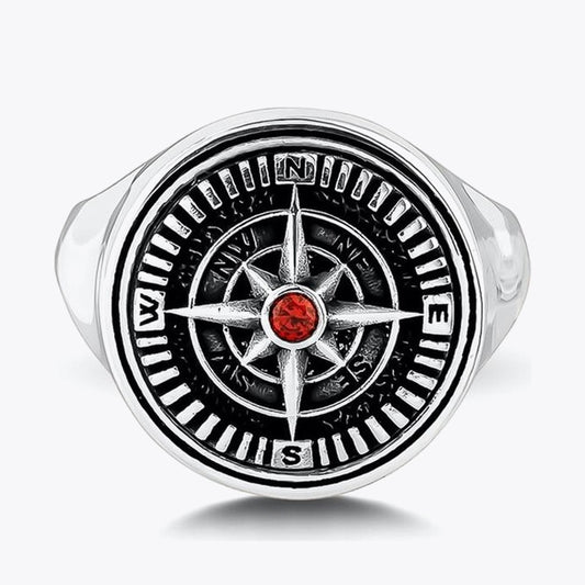 Mini Kırmızı Zirkon Taşlı Pusula Tasarım Erkek Gümüş Yüzük