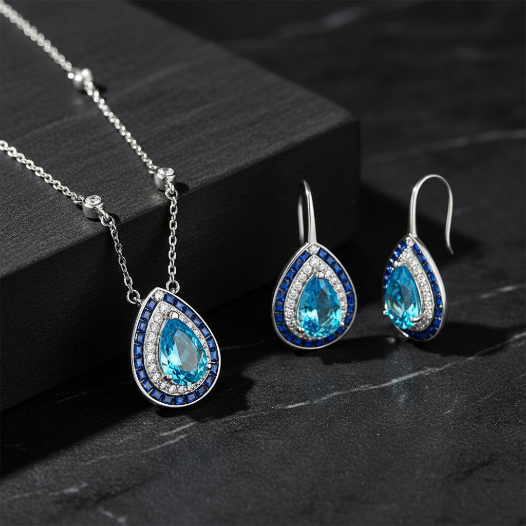 Aqua Blue Küpe ve Kolye Seti