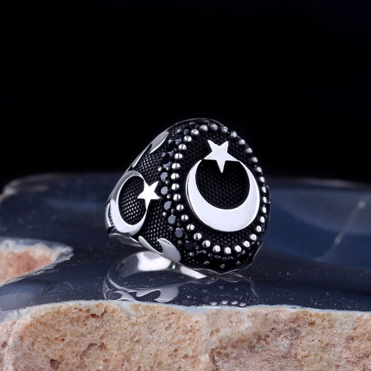 Moon Star Motif Silver Men's Ring