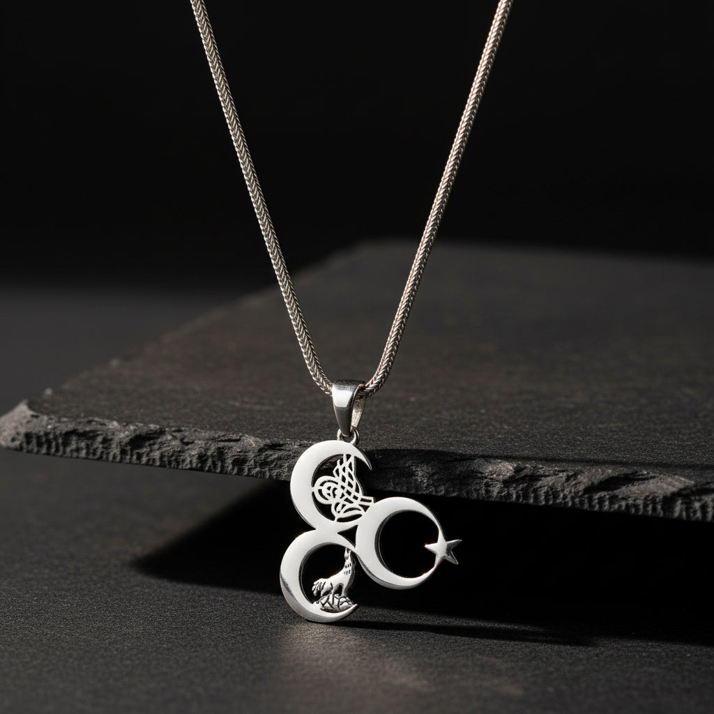 Üç Hilal Tuğra Ve Bozkurt Motifli Erkek Gumus Kolye