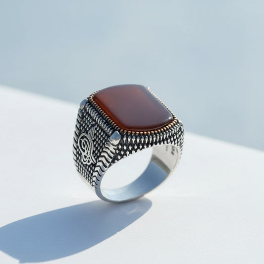 925 Ayar Gümüş Osmanlı Tuğralı Akik Taşlı Yüzük