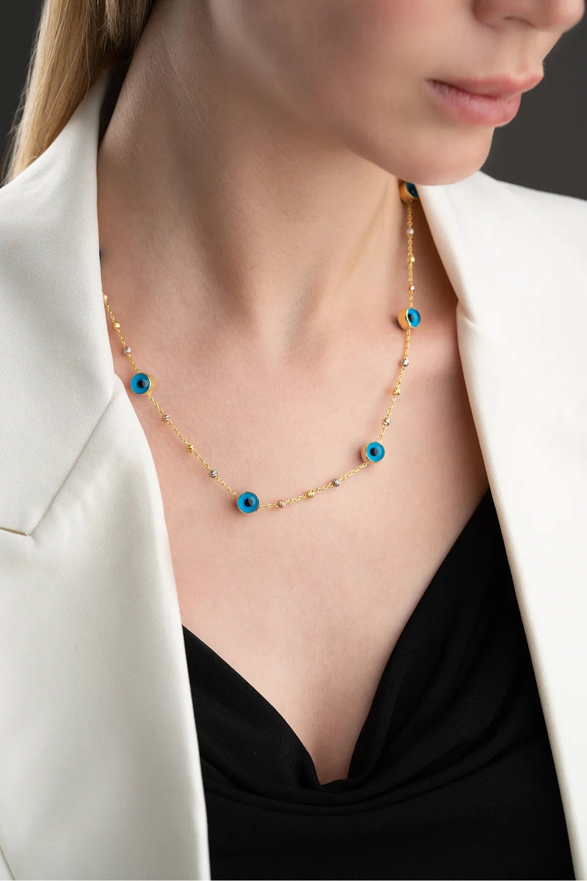 Nazar Collier de chaîne de perles - 925 argent sterling - Aura bleue