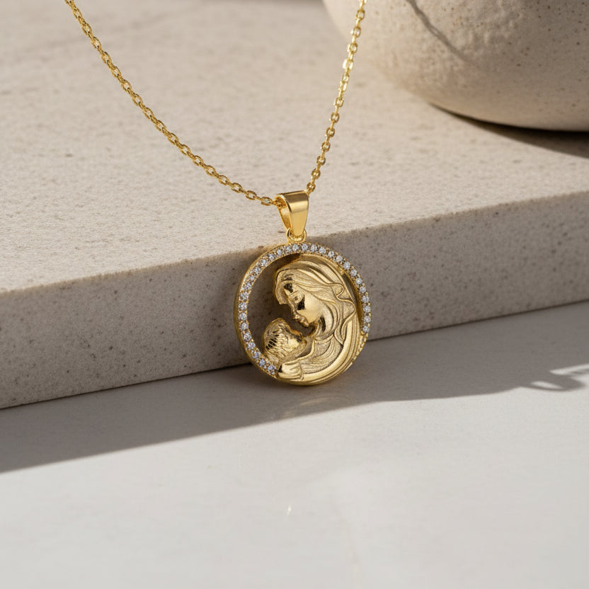 925 Silver Gold Plated Mother Baby Necklace
