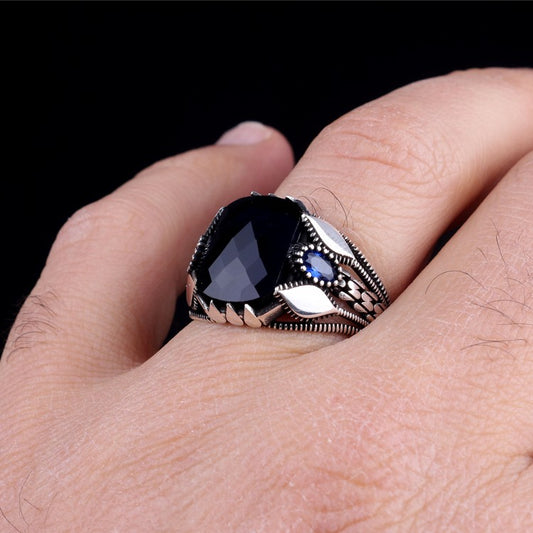 Bague pour homme en argent sterling 925 avec grande pierre bleu marine
