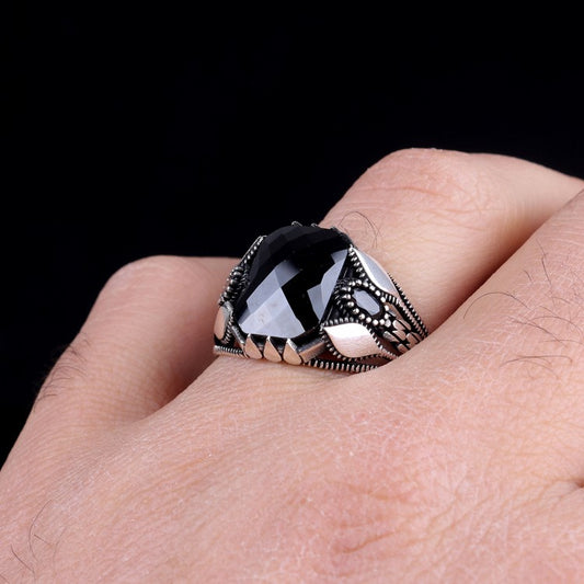 Bague pour homme en argent sterling 925 avec grosse pierre noire