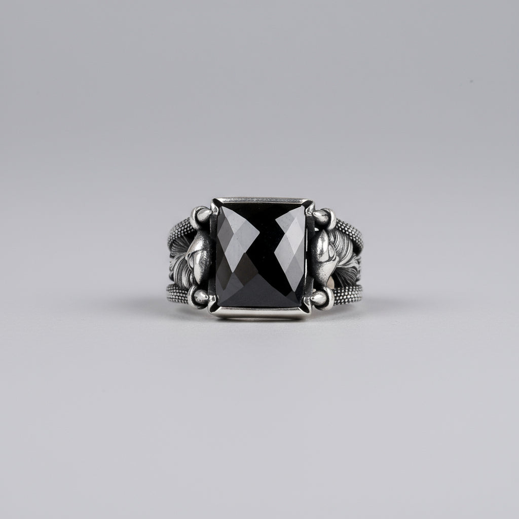 925 Sterling Silver Eagle Motif Black Stone Men's Ring