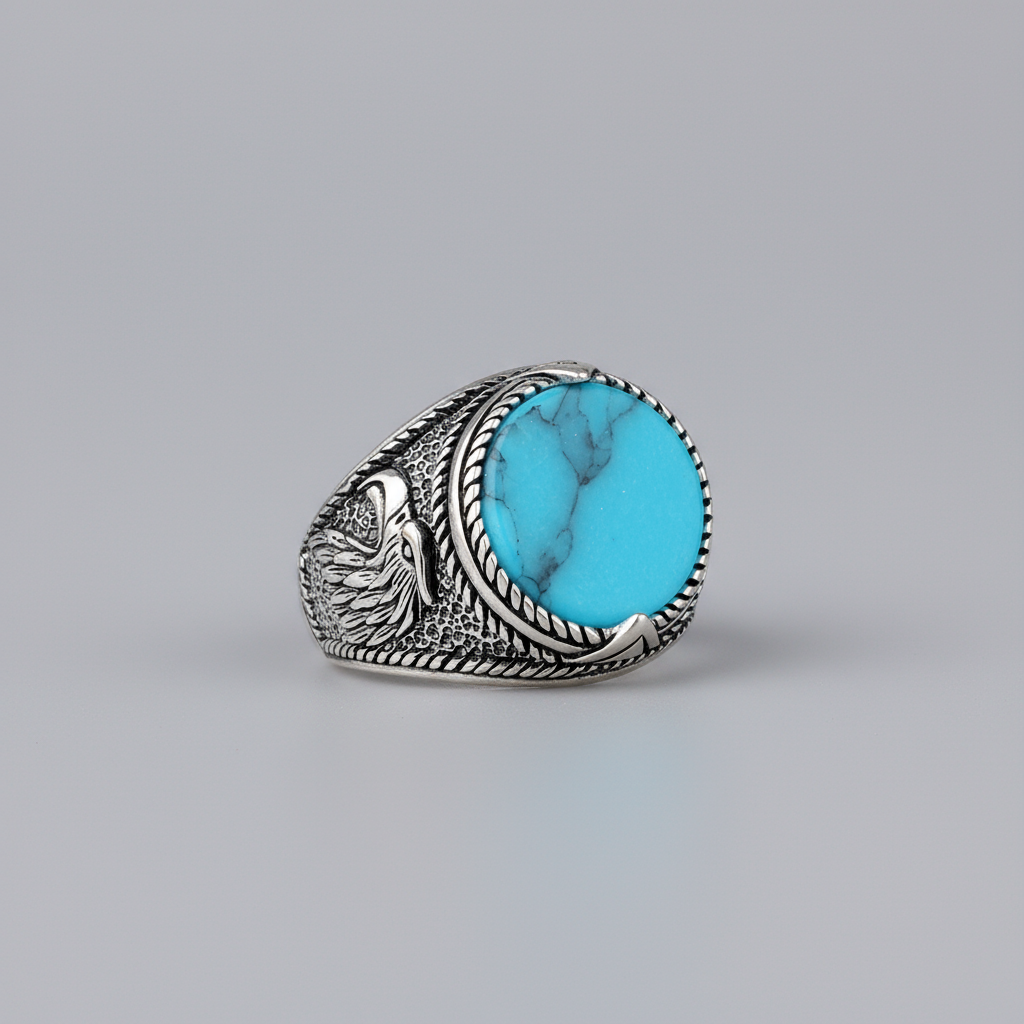 Bague pour homme en argent sterling 925 avec pierre turquoise et motif aigle