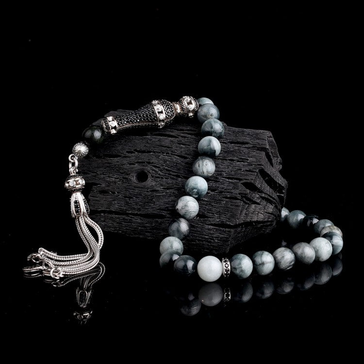 Tesbih - Gebetskette mit Tigerauge & 925er Silber Quaste