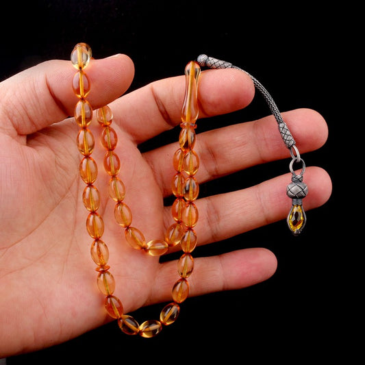 1000 Ayar Gümüş Püsküllü Arpa Kesim Ateş Kehribar Tesbih