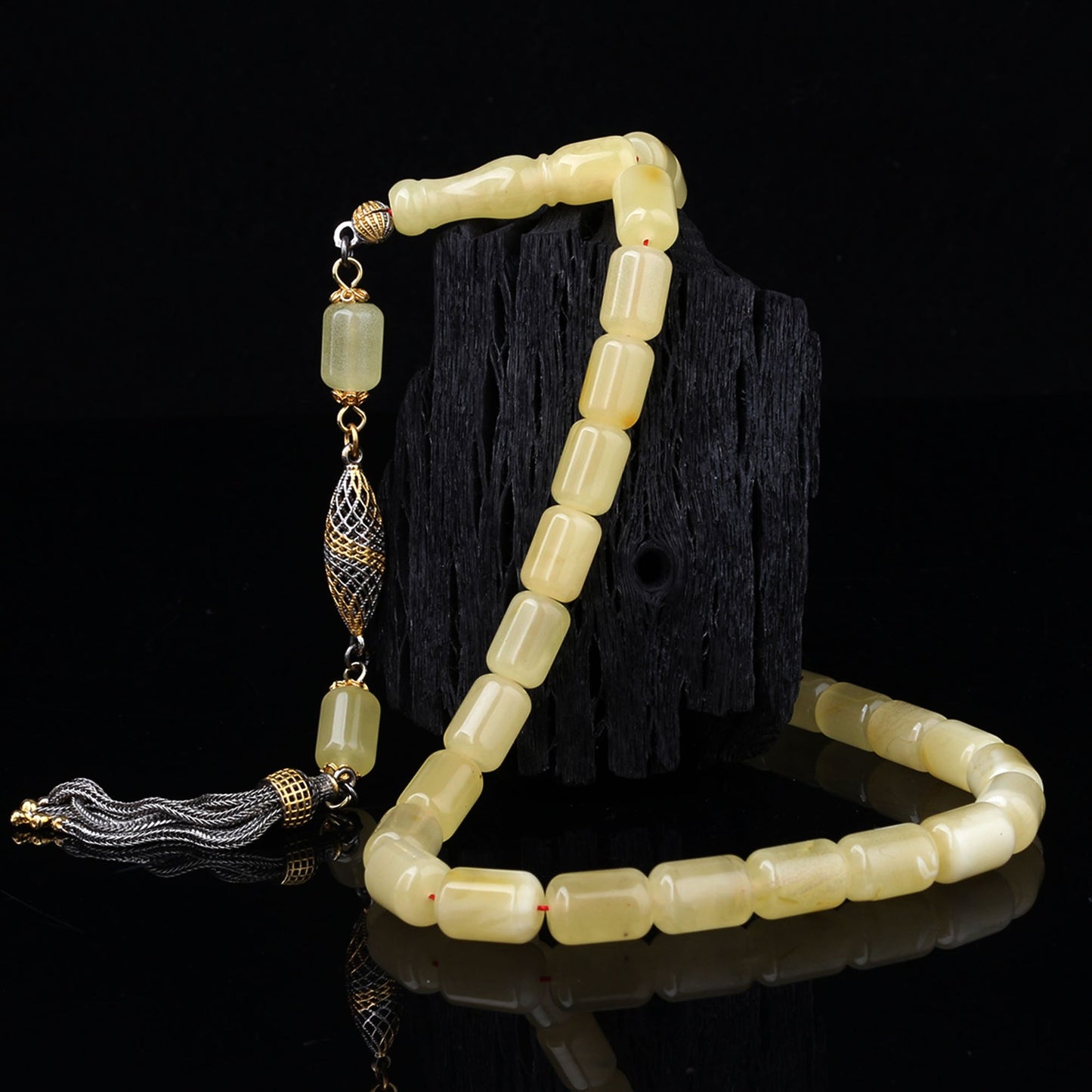 925 Ayar Gümüş Püsküllü Kesme Model Damla Kehribar Tesbih