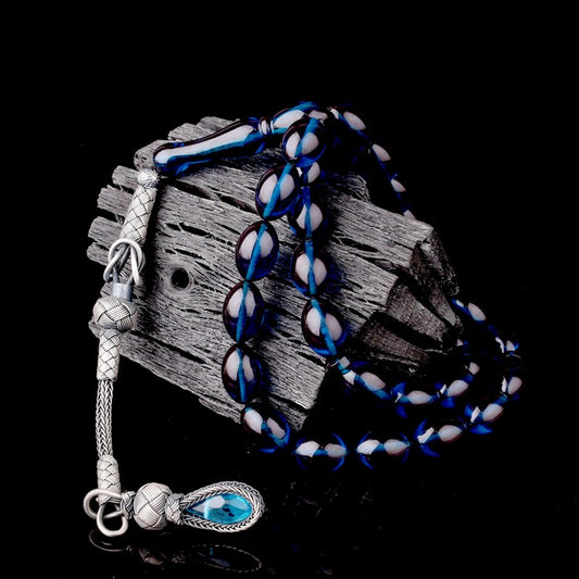 1000 Ayar Gümüş Püsküllü Arpa Kesim Mavi Ateş Kehribar Tesbih