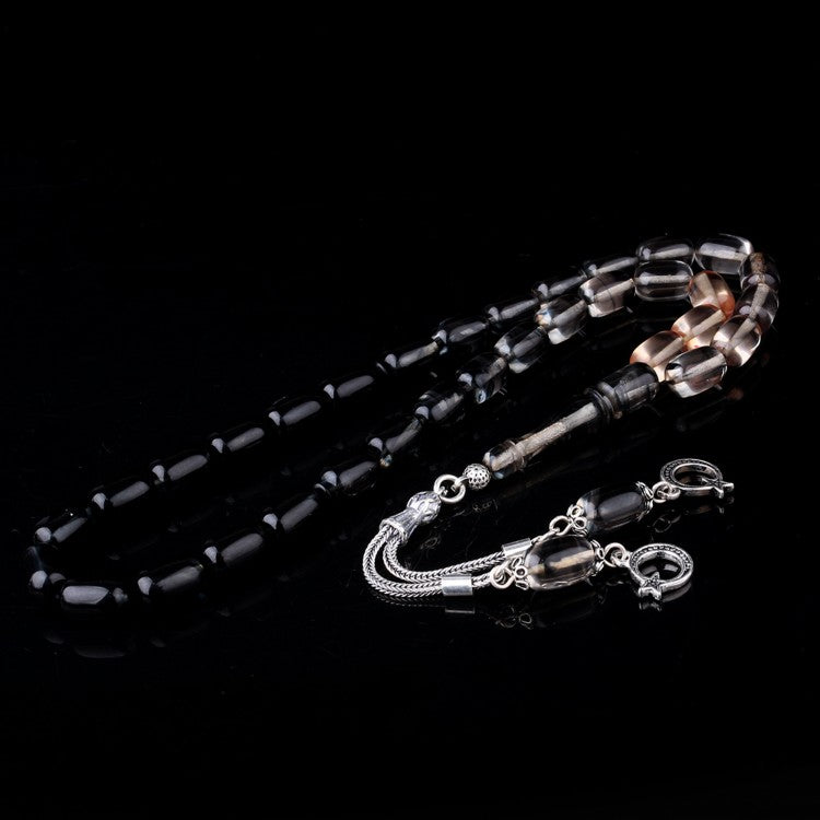 925 Ayar Gümüş Püsküllü Gri-Siyah Süzme Kehribar Tesbih