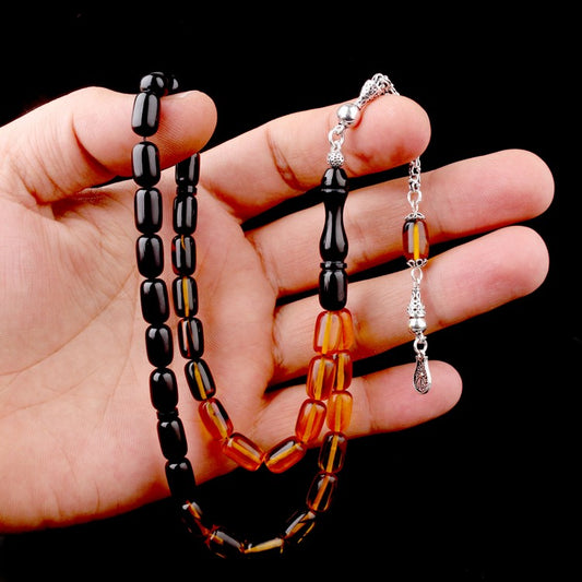 925 Ayar Gümüş Püsküllü Sarı-Siyah Süzme Kehribar Tesbih