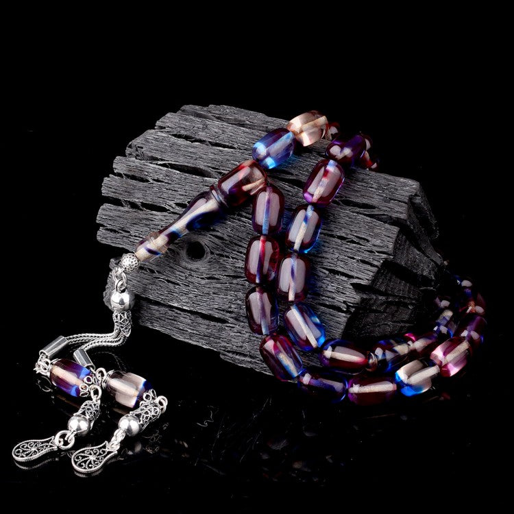 925 Ayar Gümüş Püsküllü Karışık Süzme Kehribar Tesbih