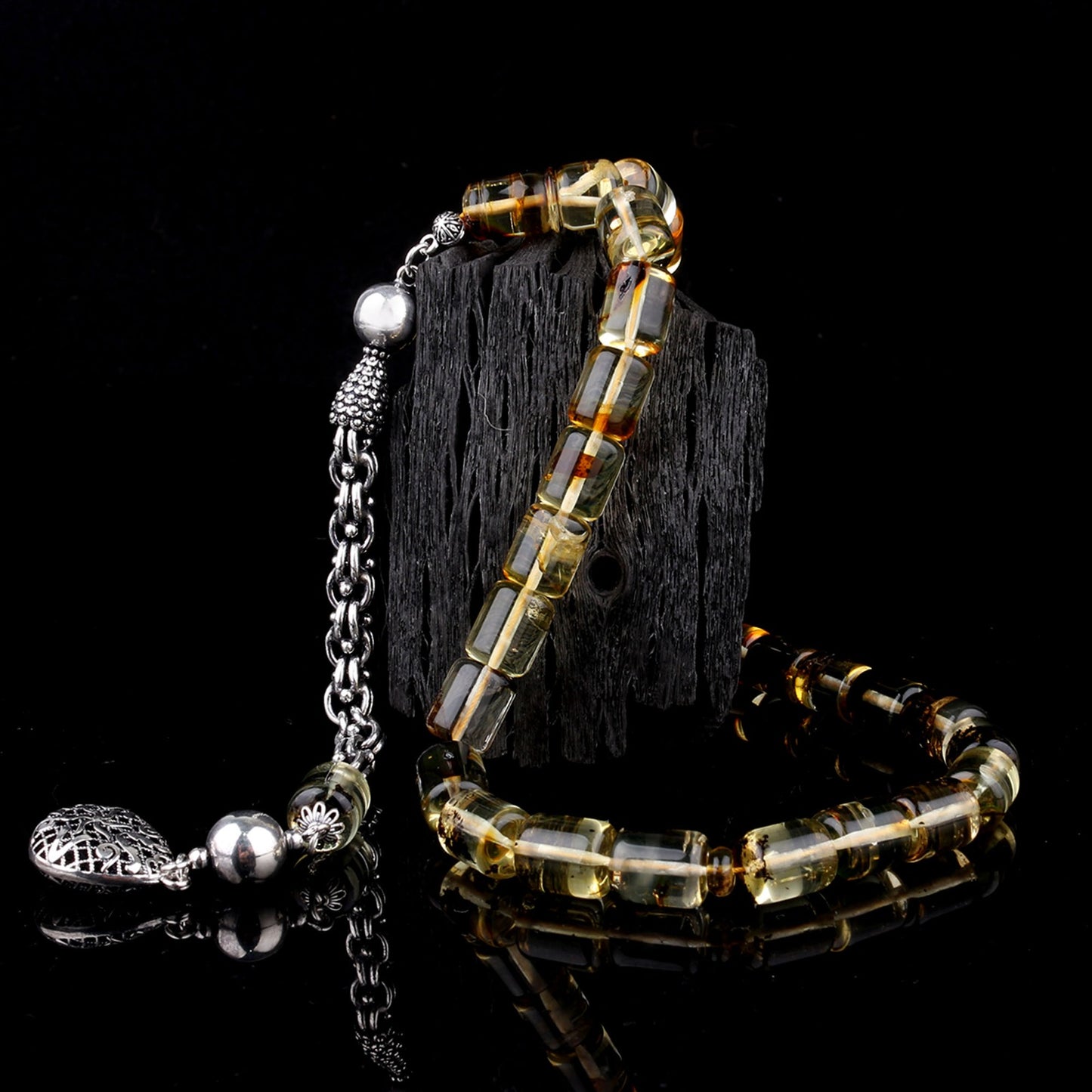 Fosilli Damla Kehribar Tesbih Kapsül Kesim