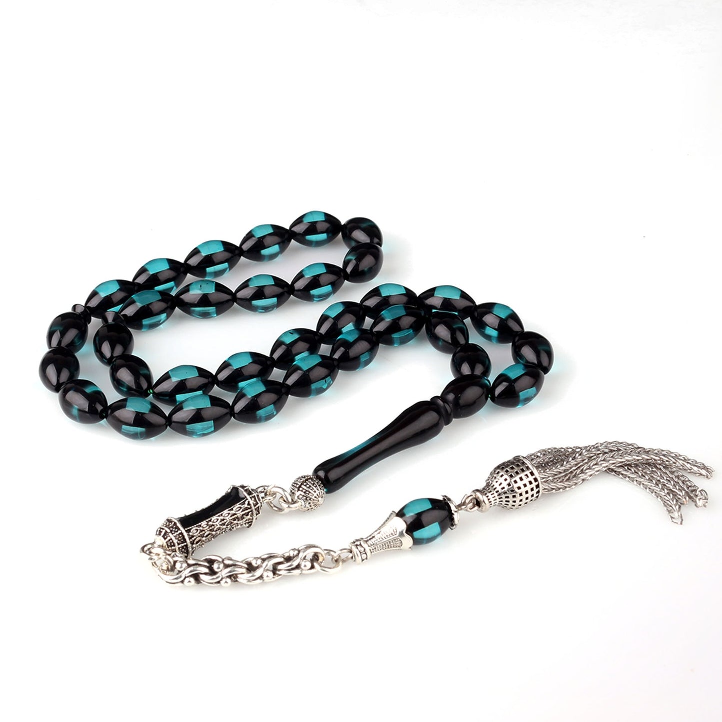 Sürmeli Mavi-Siyah Ateş Kehribar Tesbih (Alpaga Mine Püsküllü)