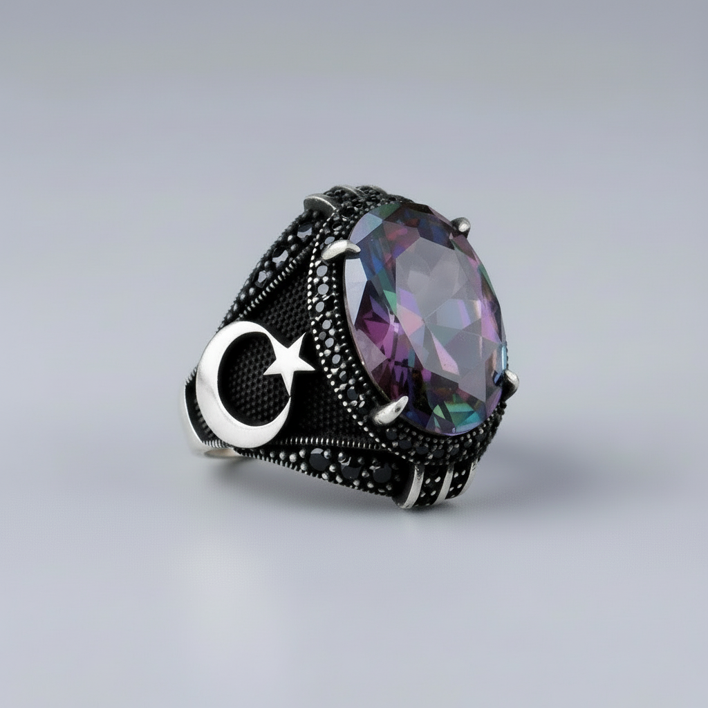 925 Ayar Gümüş Mistik Topaz Taşlı Ayyıldız Model Yüzük