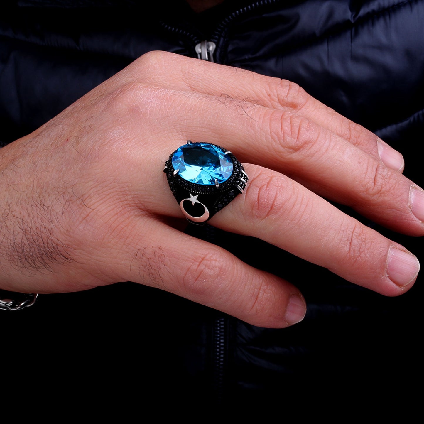 925 Ayar Gümüş Aqua Marin Zirkon Taşlı Ayyıldız Model Yüzük