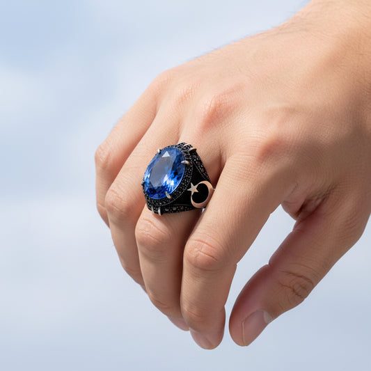 925 Ayar Gümüş Lacivert Zirkon Taşlı Ayyıldız Model Yüzük