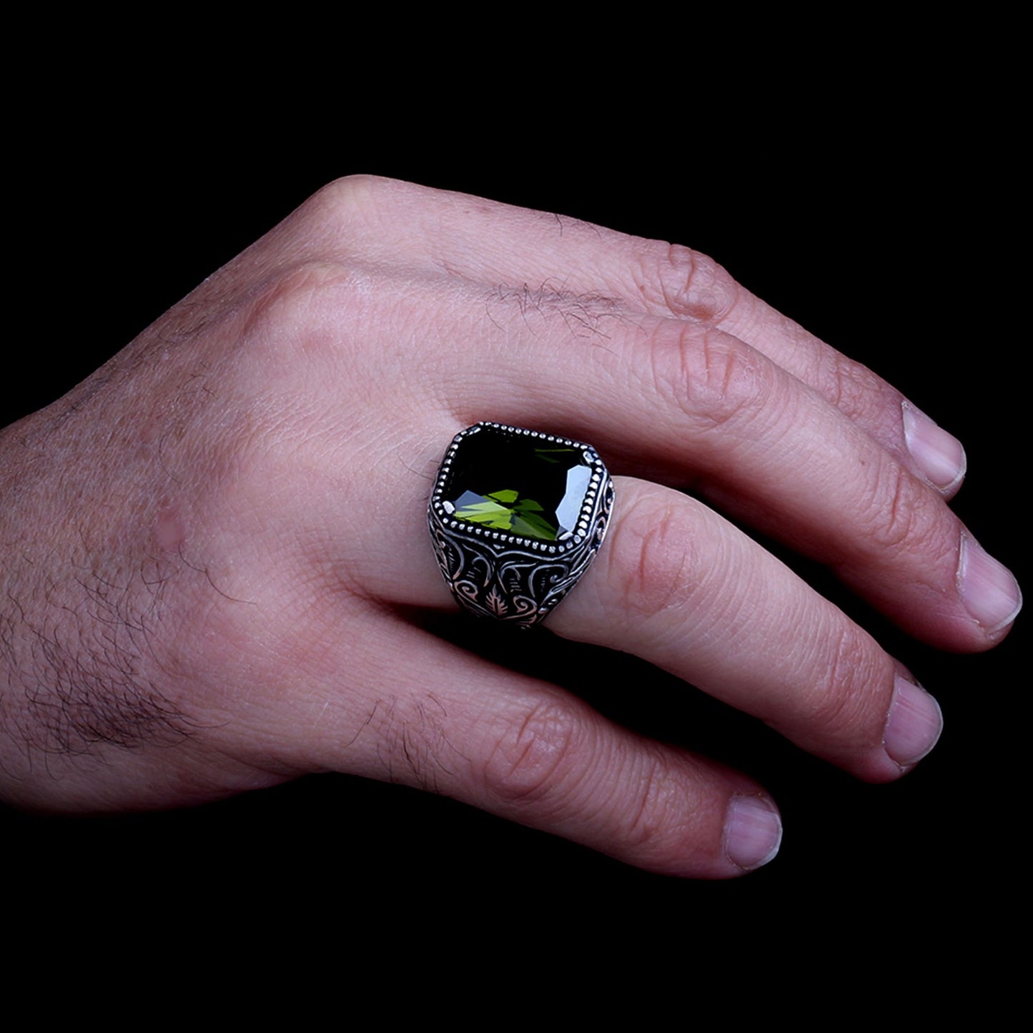 925 Ayar Gümüş Haki Zirkon Taşlı Erkek Yüzük