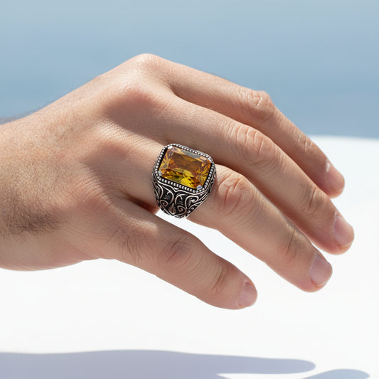 925 Ayar Gümüş Sarı Zirkon Taşlı Erkek Yüzük