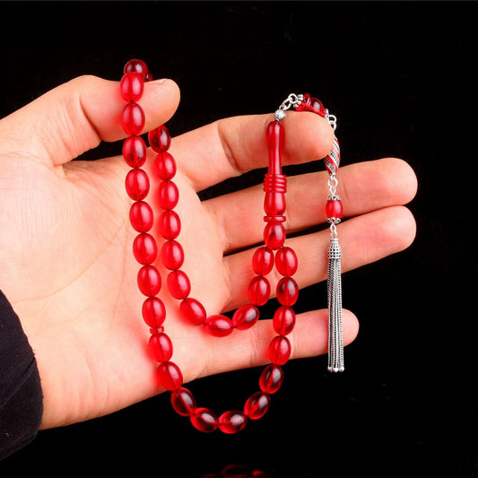 Mineli Püsküllü Kırmızı Ateş Kehribar Tesbih