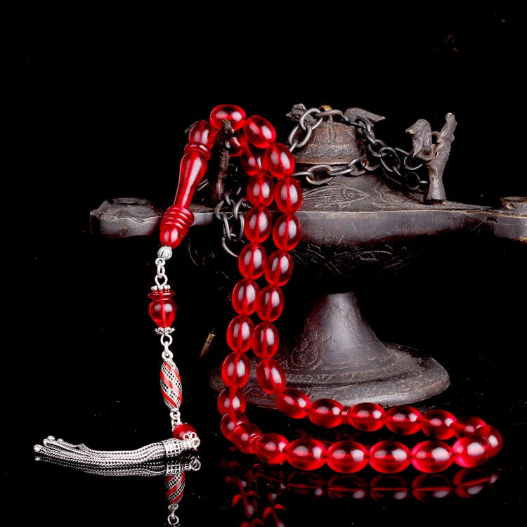 Mineli Püsküllü Kırmızı Ateş Kehribar Tesbih