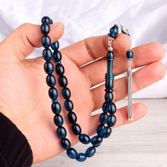 Mineli Püsküllü Mavi Ateş Kehribar Tesbih